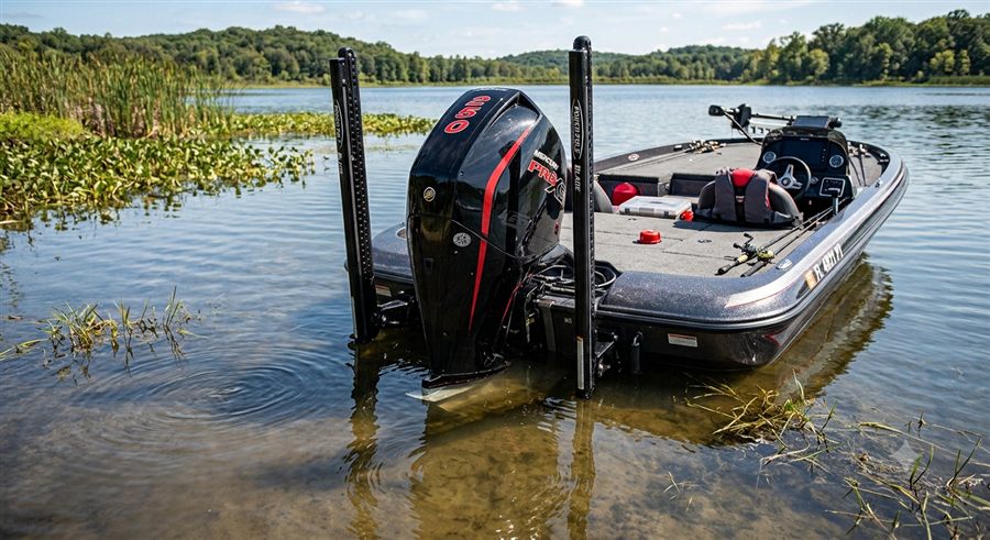 Shallow water anchors mounted on the transom of a bass boat