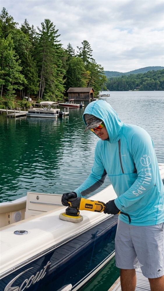 Detailer polishing the hull of a boat at the dock