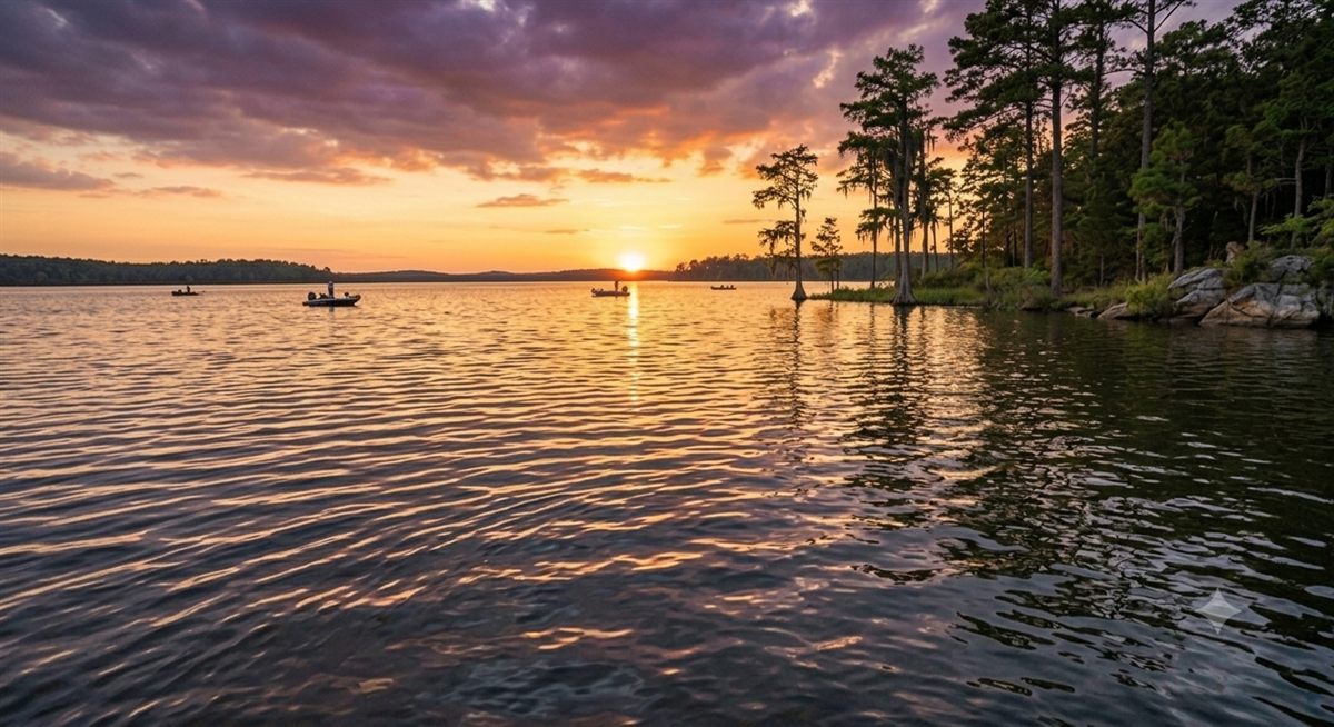 Sunset over the lake with anglers fishing from their boats
